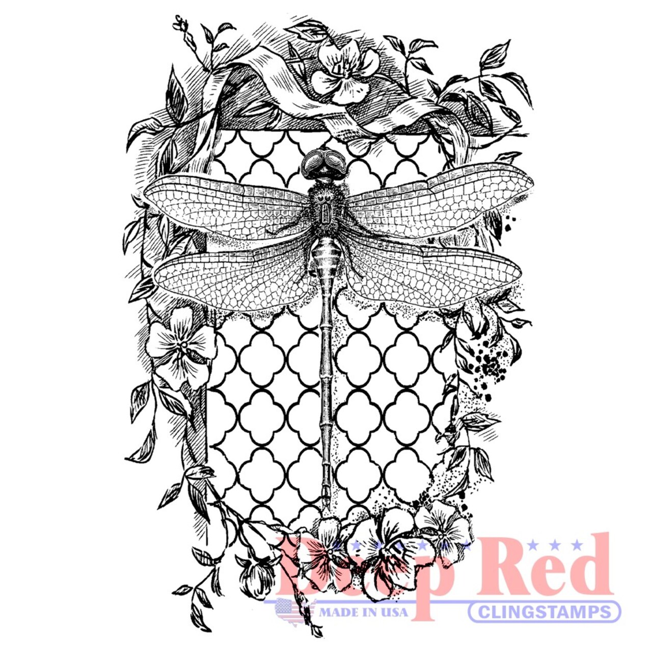 Deep Red Stamps Dragonfly Quatrefoil Rubber Cling Stamp 1.9 x 3.1 inches
